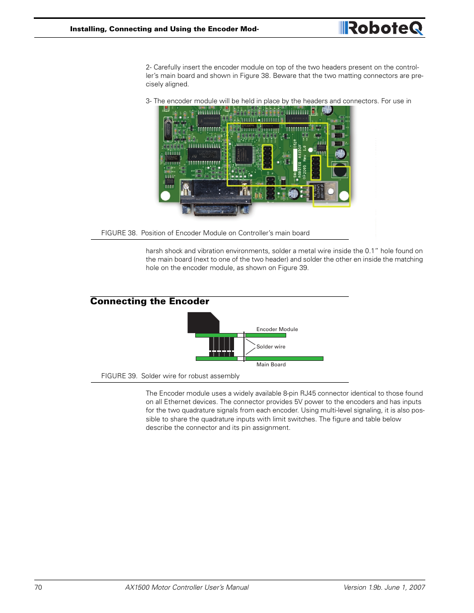Connecting the encoder | RoboteQ Dual Channel Digital Motor Controller AX2550 User Manual | Page 70 / 186