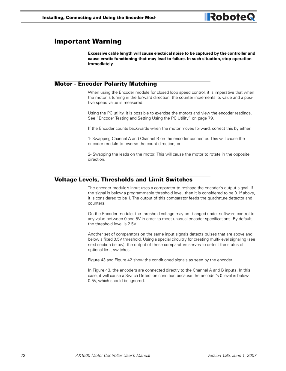 Important warning, Motor - encoder polarity matching, Voltage levels, thresholds and limit switches | RoboteQ Dual Channel Digital Motor Controller AX2550 User Manual | Page 72 / 186