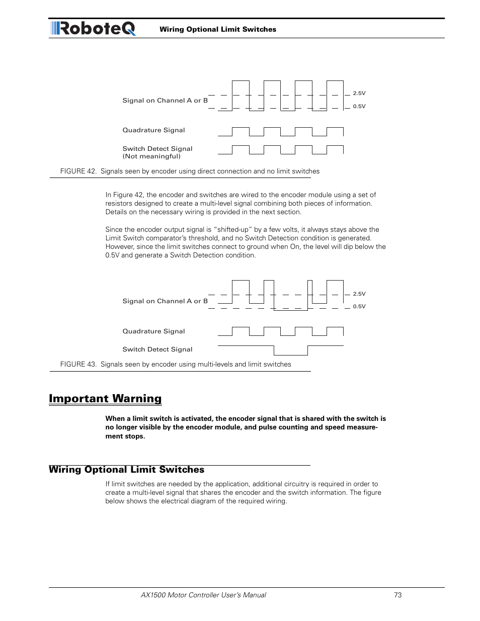 Important warning, Wiring optional limit switches, Figure 43 | Nd figure 42 s | RoboteQ Dual Channel Digital Motor Controller AX2550 User Manual | Page 73 / 186