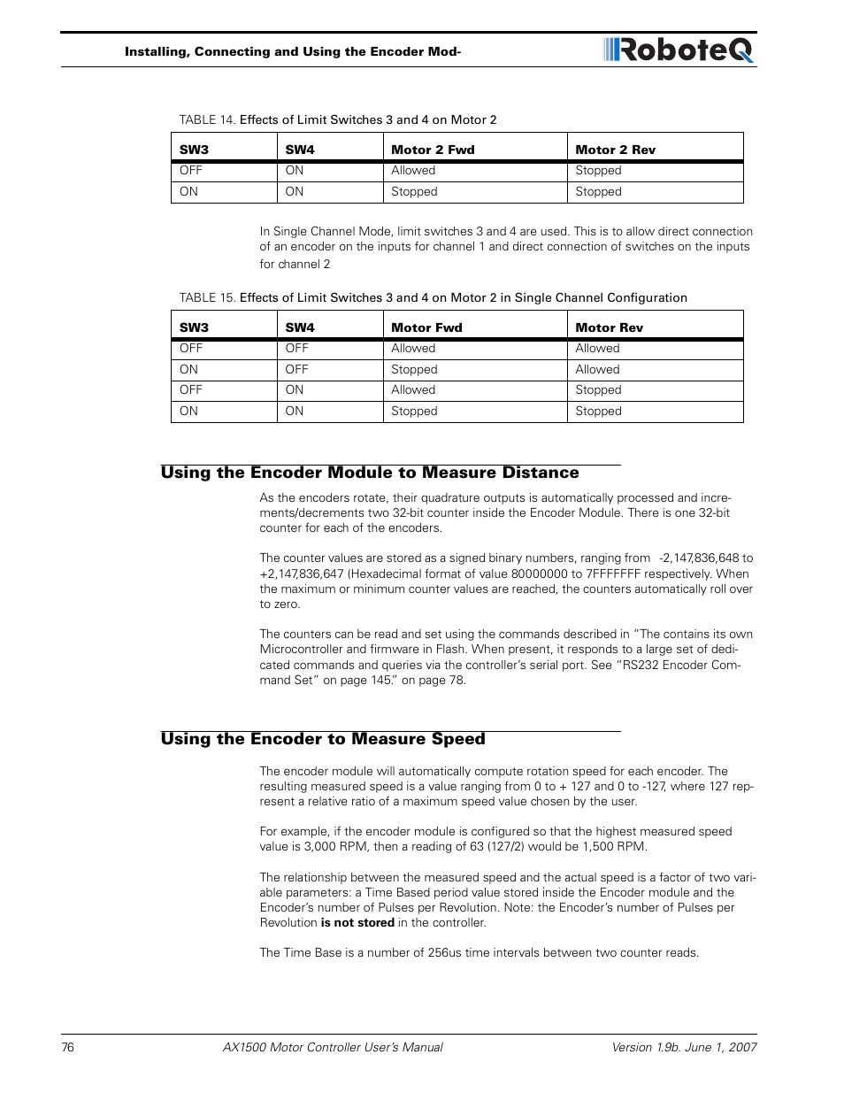 Using the encoder module to measure distance, Using the encoder to measure speed | RoboteQ Dual Channel Digital Motor Controller AX2550 User Manual | Page 76 / 186