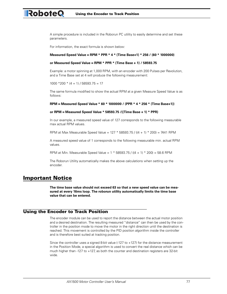 Important notice, Using the encoder to track position | RoboteQ Dual Channel Digital Motor Controller AX2550 User Manual | Page 77 / 186