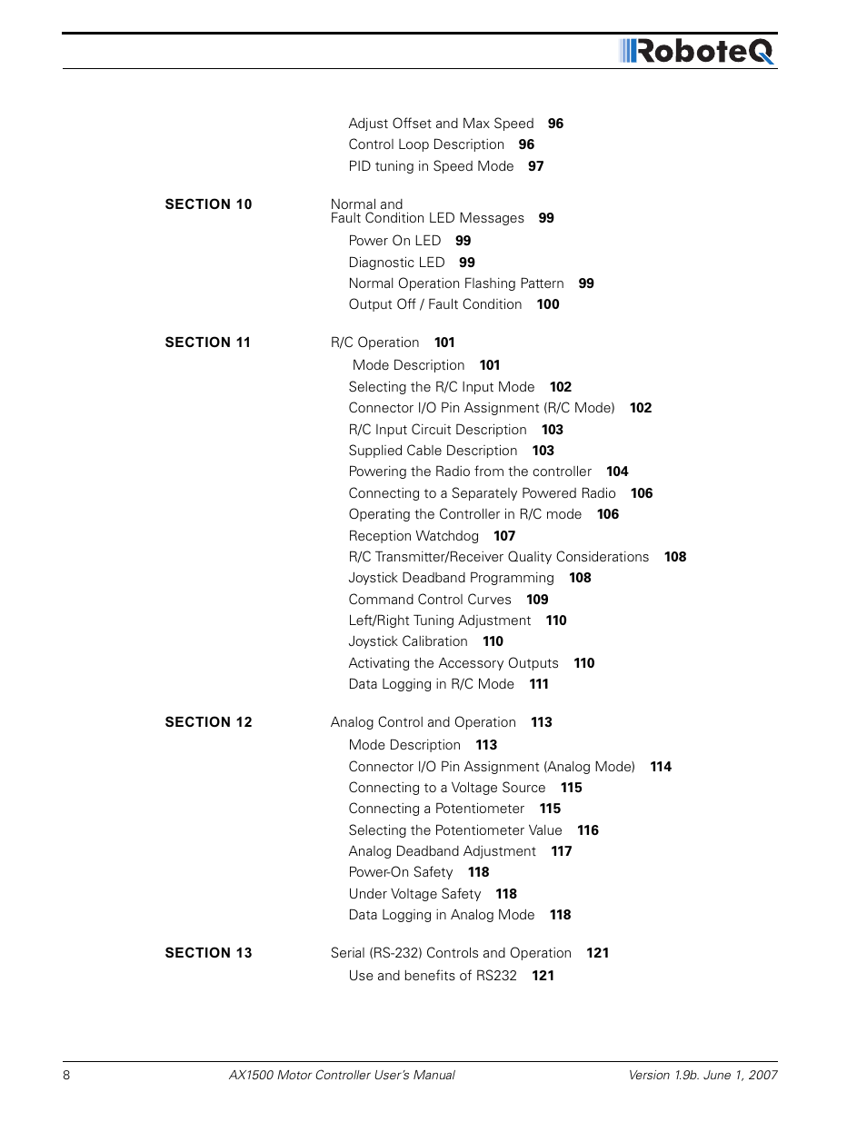 RoboteQ Dual Channel Digital Motor Controller AX2550 User Manual | Page 8 / 186