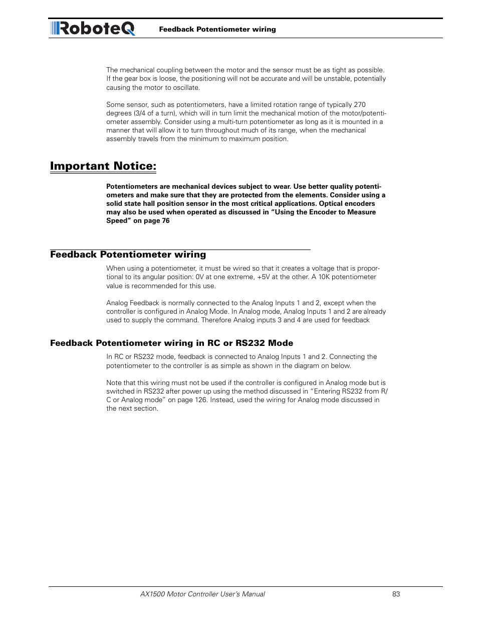 Important notice, Feedback potentiometer wiring, Feedback potentiometer wiring in rc or rs232 mode | RoboteQ Dual Channel Digital Motor Controller AX2550 User Manual | Page 83 / 186