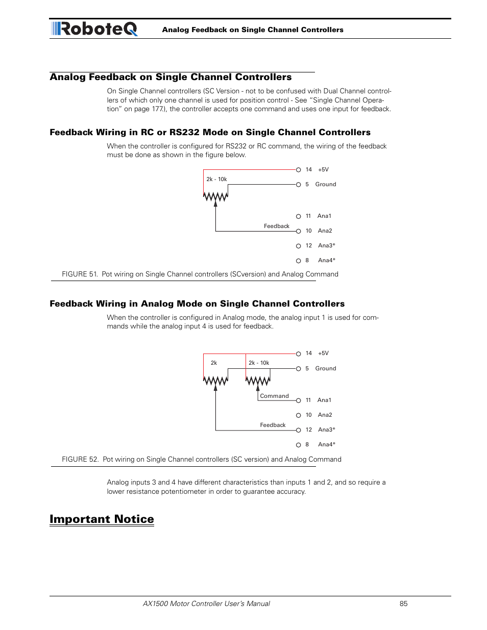 Analog feedback on single channel controllers, Important notice | RoboteQ Dual Channel Digital Motor Controller AX2550 User Manual | Page 85 / 186
