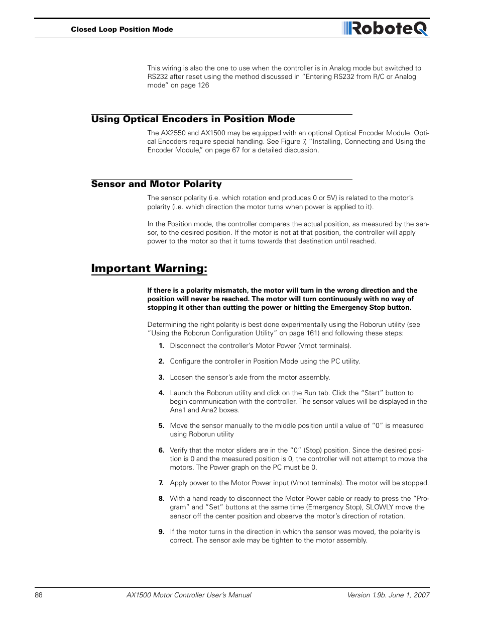 Using optical encoders in position mode, Sensor and motor polarity, Important warning | RoboteQ Dual Channel Digital Motor Controller AX2550 User Manual | Page 86 / 186