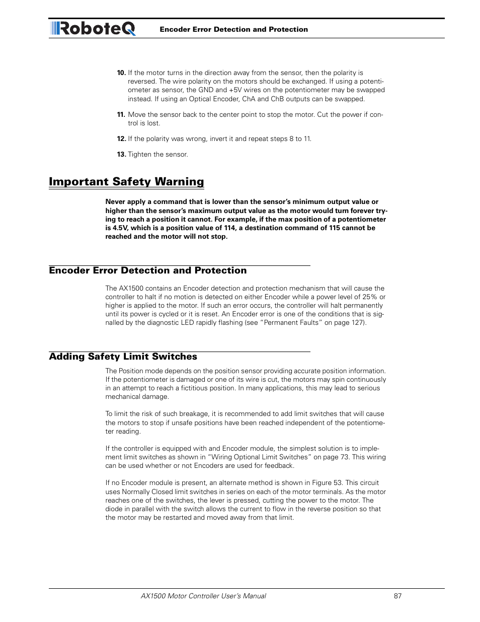 Important safety warning, Encoder error detection and protection, Adding safety limit switches | RoboteQ Dual Channel Digital Motor Controller AX2550 User Manual | Page 87 / 186