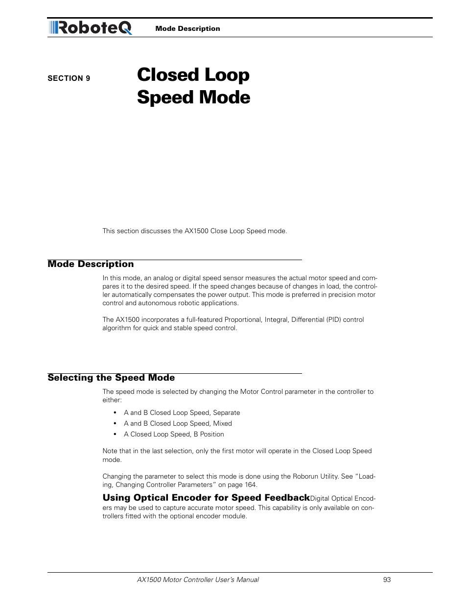 Section 9 closed loop speed mode, Mode description, Selecting the speed mode | Section 9, Closed loop speed mode | RoboteQ Dual Channel Digital Motor Controller AX2550 User Manual | Page 93 / 186