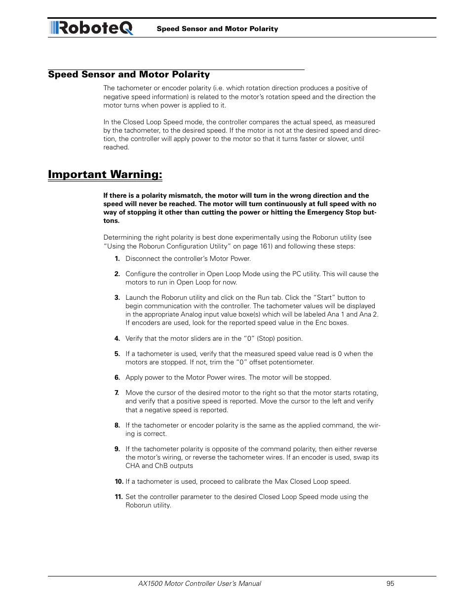 Speed sensor and motor polarity, Important warning | RoboteQ Dual Channel Digital Motor Controller AX2550 User Manual | Page 95 / 186