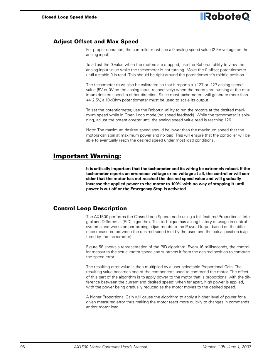 Adjust offset and max speed, Important warning, Control loop description | RoboteQ Dual Channel Digital Motor Controller AX2550 User Manual | Page 96 / 186