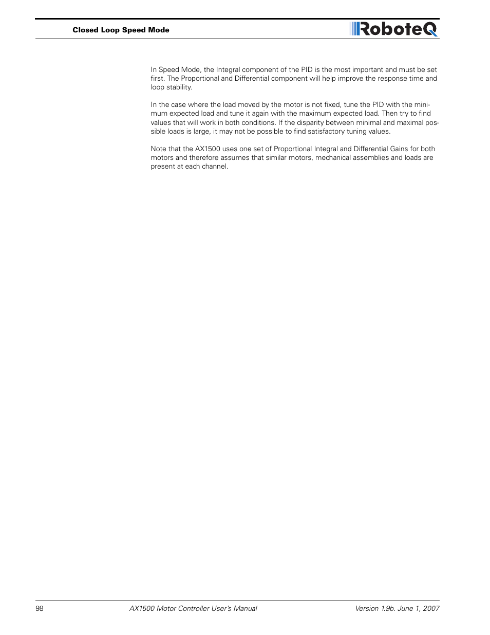 RoboteQ Dual Channel Digital Motor Controller AX2550 User Manual | Page 98 / 186