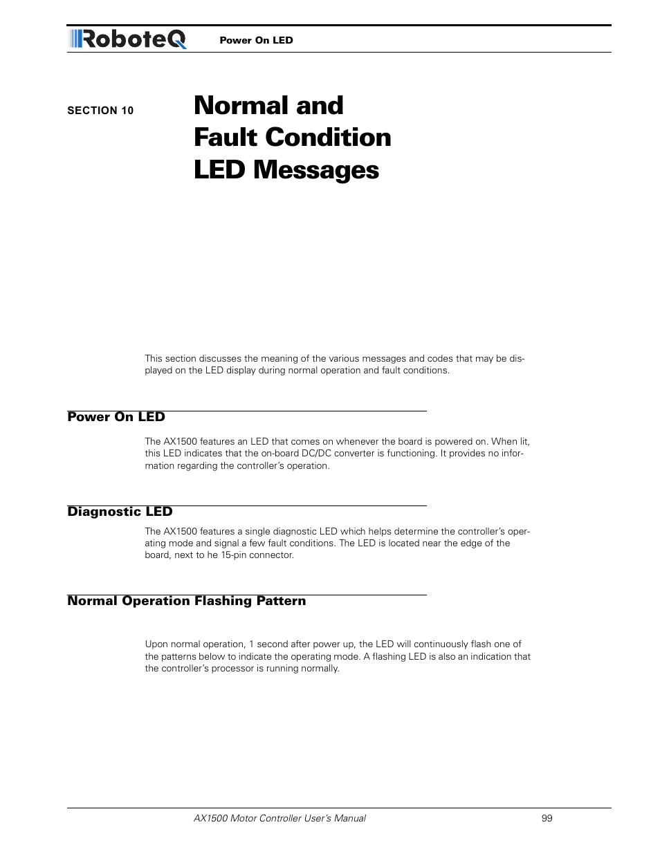 Section 10 normal and fault condition led messages, Power on led, Diagnostic led | Normal operation flashing pattern, Section 10, Normal and fault condition led messages | RoboteQ Dual Channel Digital Motor Controller AX2550 User Manual | Page 99 / 186