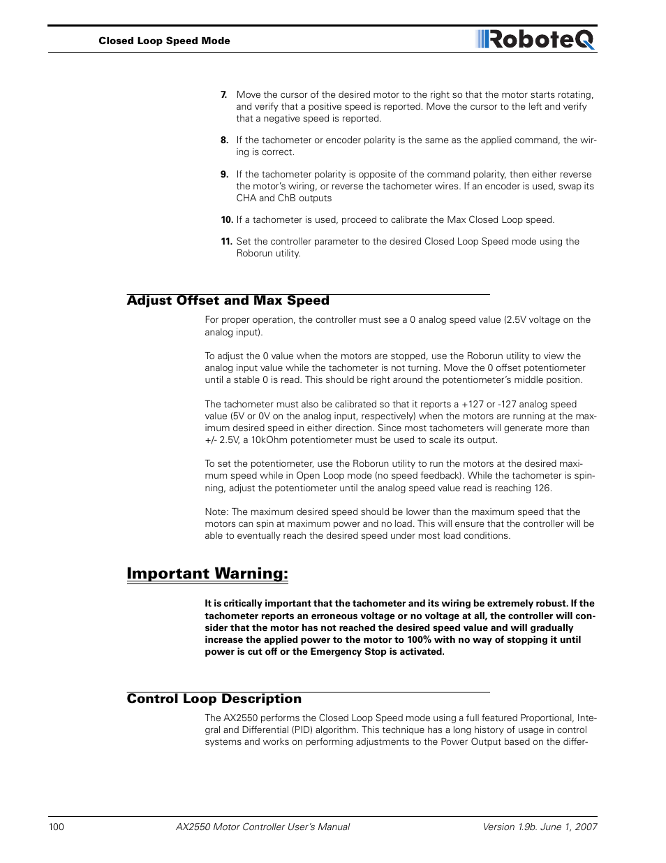Adjust offset and max speed, Important warning, Control loop description | RoboteQ AX2850 User Manual | Page 100 / 200