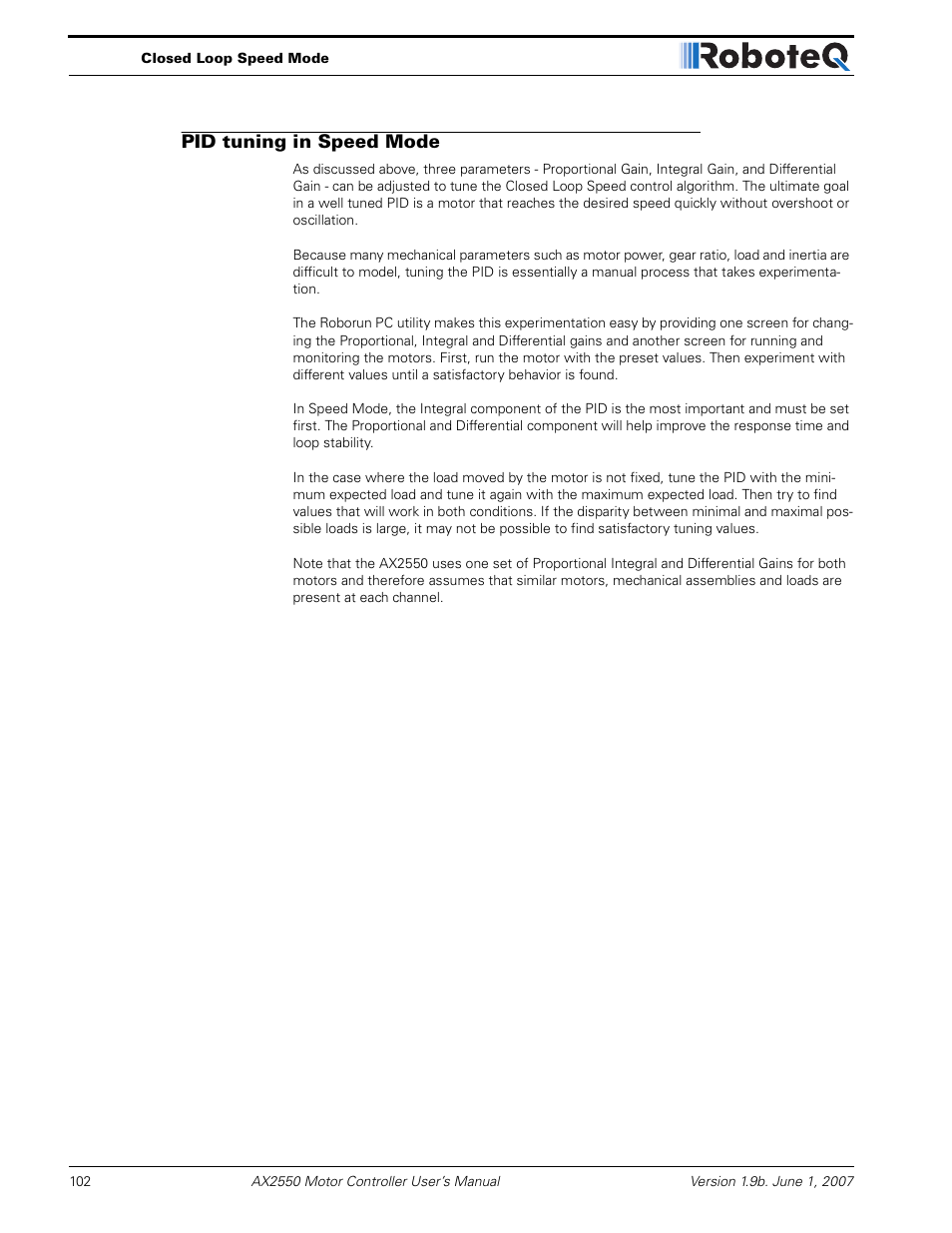 Pid tuning in speed mode | RoboteQ AX2850 User Manual | Page 102 / 200
