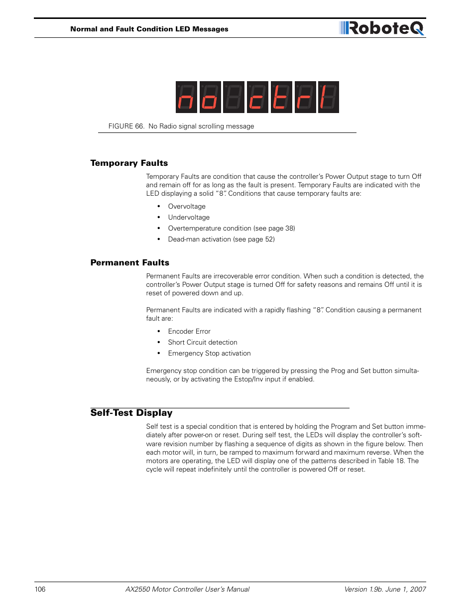 Temporary faults, Permanent faults, Self-test display | RoboteQ AX2850 User Manual | Page 106 / 200