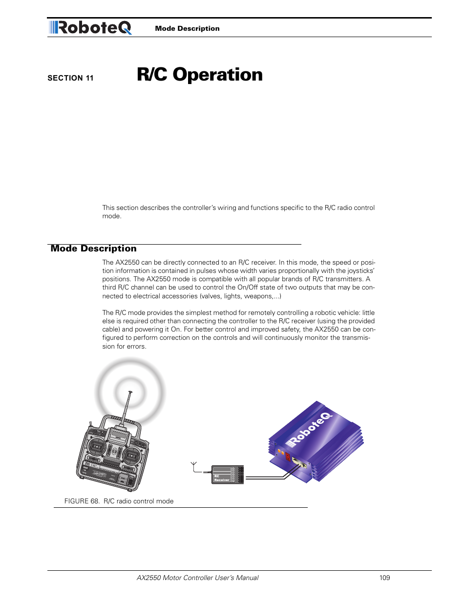 Section 11 r/c operation, Mode description, Section 11 | R/c operation | RoboteQ AX2850 User Manual | Page 109 / 200