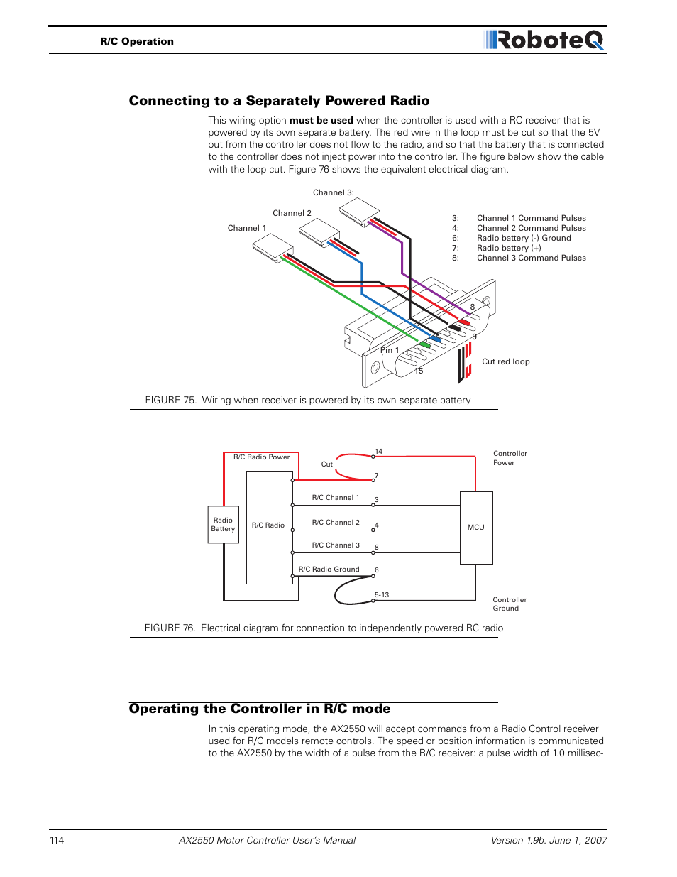 Connecting to a separately powered radio, Operating the controller in r/c mode | RoboteQ AX2850 User Manual | Page 114 / 200