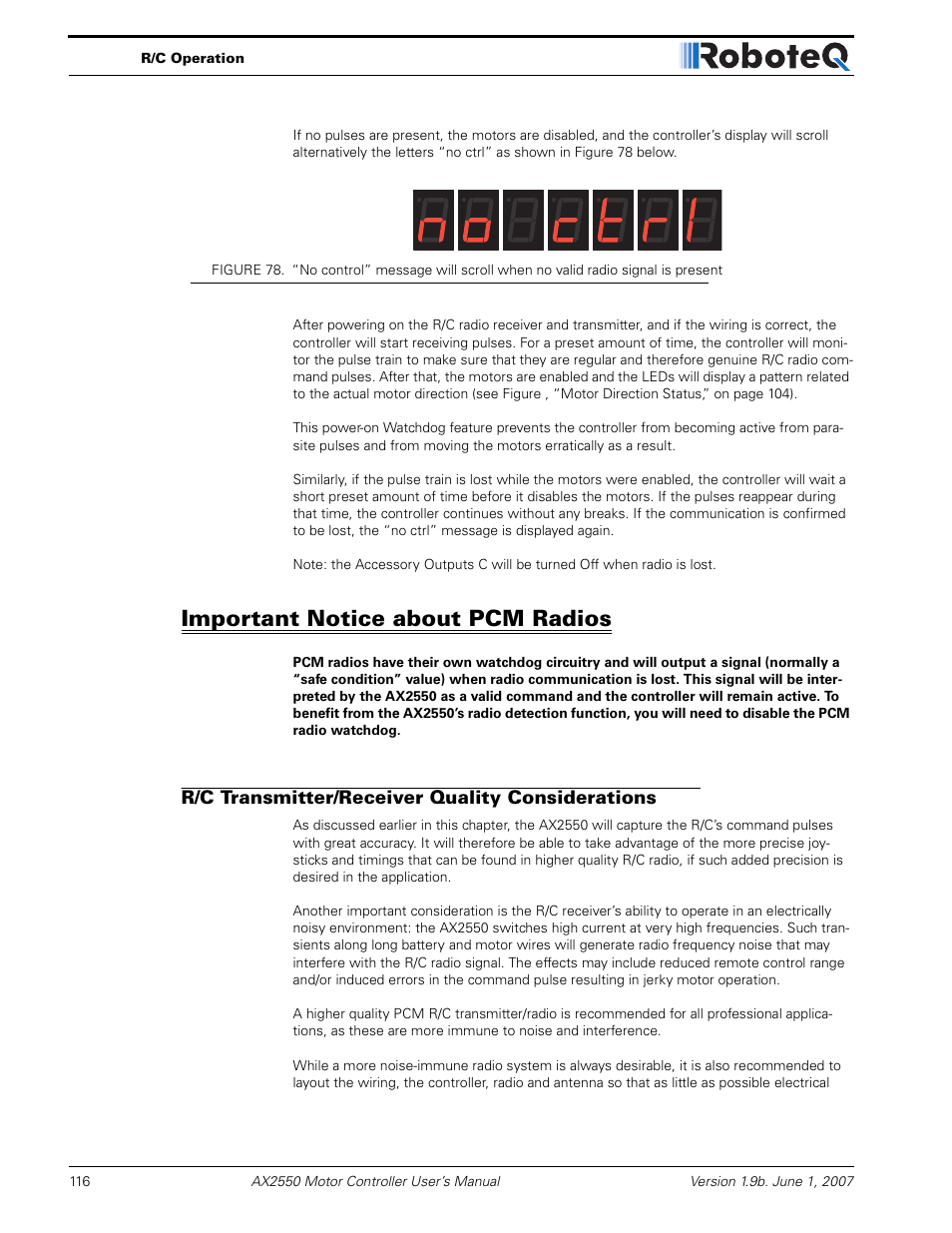 Important notice about pcm radios, R/c transmitter/receiver quality considerations | RoboteQ AX2850 User Manual | Page 116 / 200