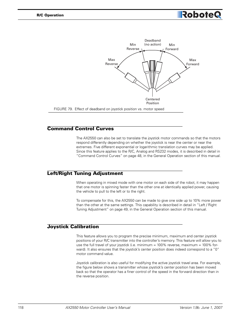 Command control curves, Left/right tuning adjustment, Joystick calibration | Figure 79 b | RoboteQ AX2850 User Manual | Page 118 / 200