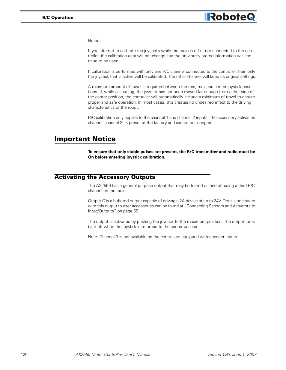 Important notice, Activating the accessory outputs | RoboteQ AX2850 User Manual | Page 120 / 200