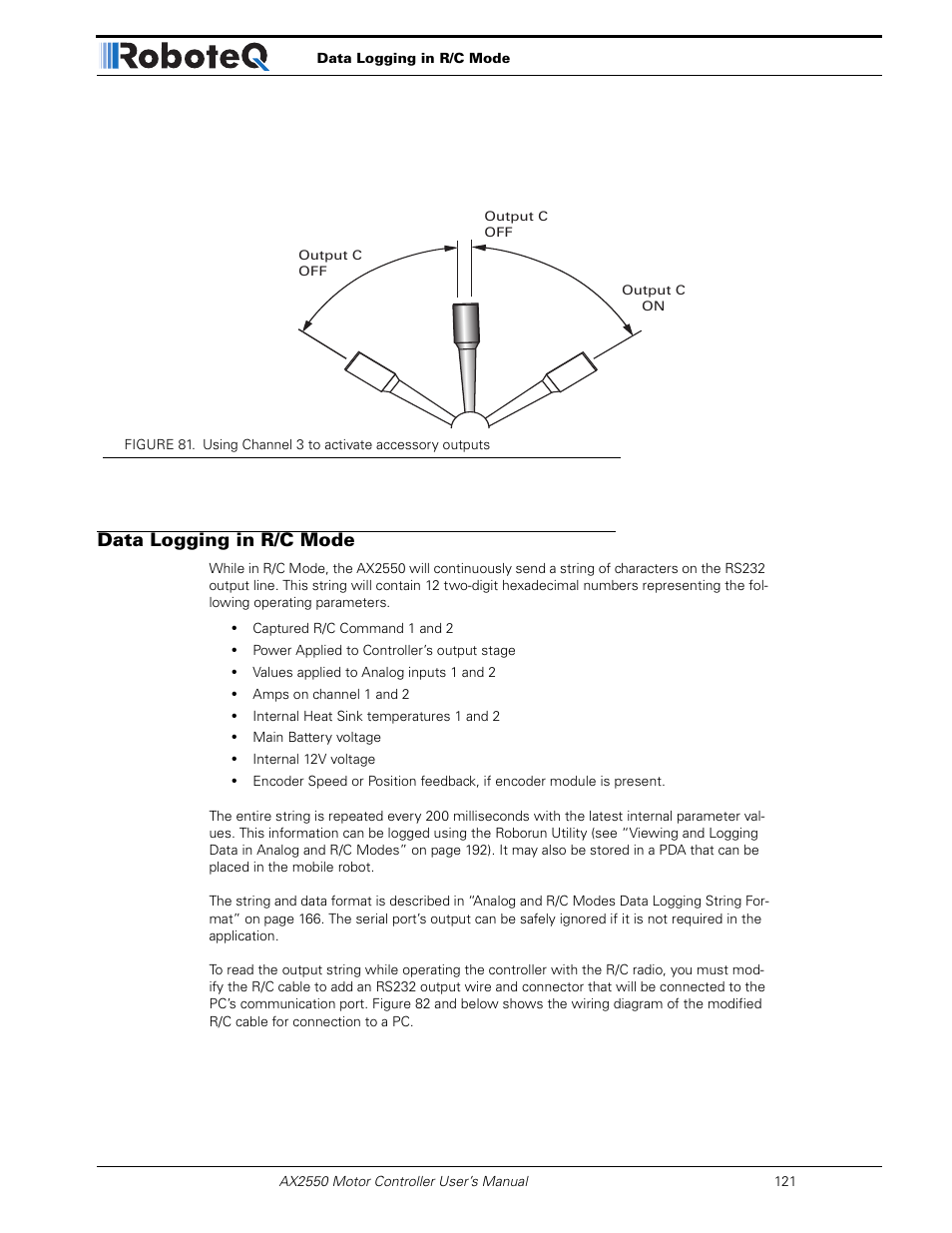 Data logging in r/c mode | RoboteQ AX2850 User Manual | Page 121 / 200