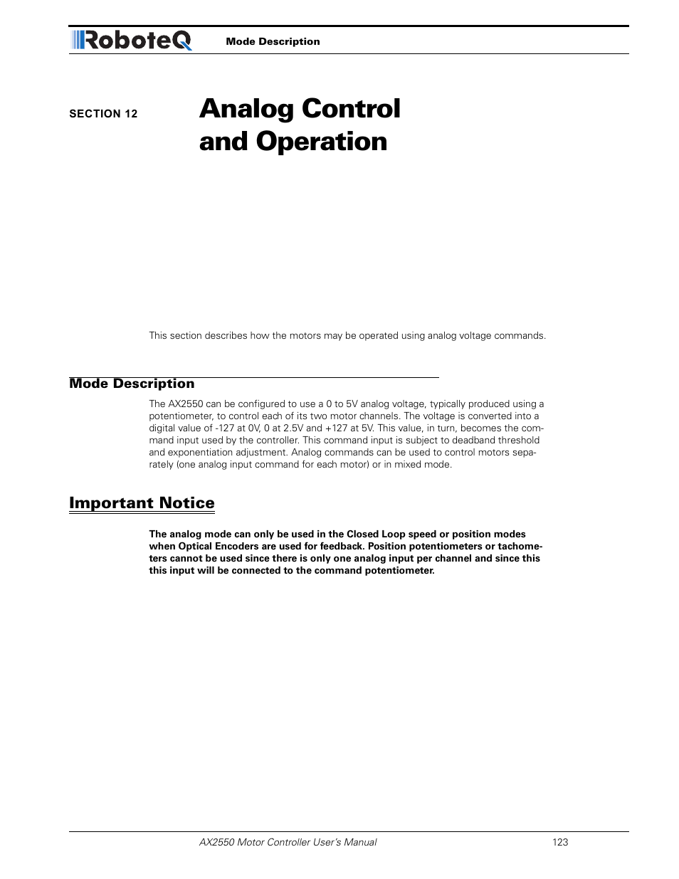 Section 12 analog control and operation, Mode description, Important notice | Section 12, Analog control and operation | RoboteQ AX2850 User Manual | Page 123 / 200