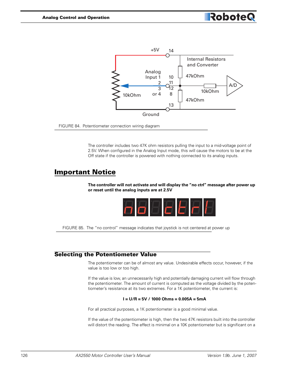 Important notice, Selecting the potentiometer value | RoboteQ AX2850 User Manual | Page 126 / 200