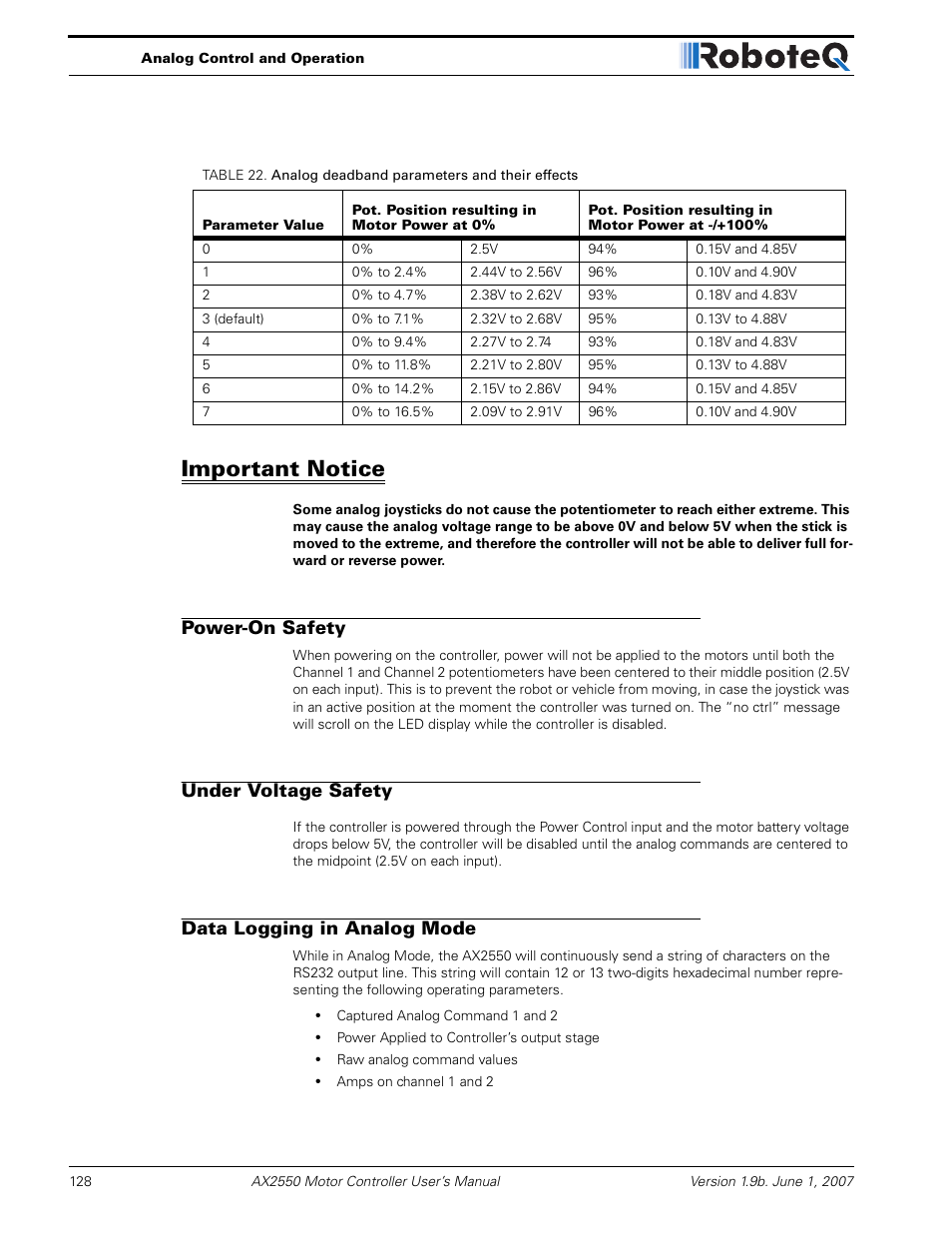 Important notice, Power-on safety, Under voltage safety | Data logging in analog mode, Table 22 | RoboteQ AX2850 User Manual | Page 128 / 200