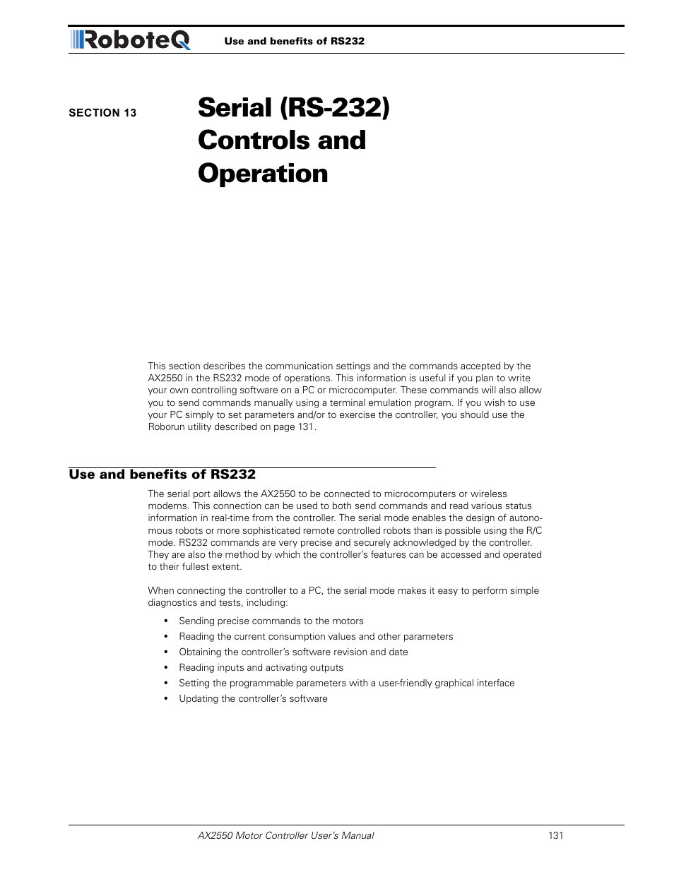 Section 13 serial (rs-232) controls and operation, Use and benefits of rs232, Section 13 | Serial (rs-232) controls and operation | RoboteQ AX2850 User Manual | Page 131 / 200