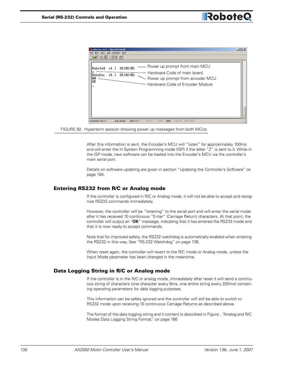 Entering rs232 from r/c or analog mode, Data logging string in r/c or analog mode | RoboteQ AX2850 User Manual | Page 136 / 200