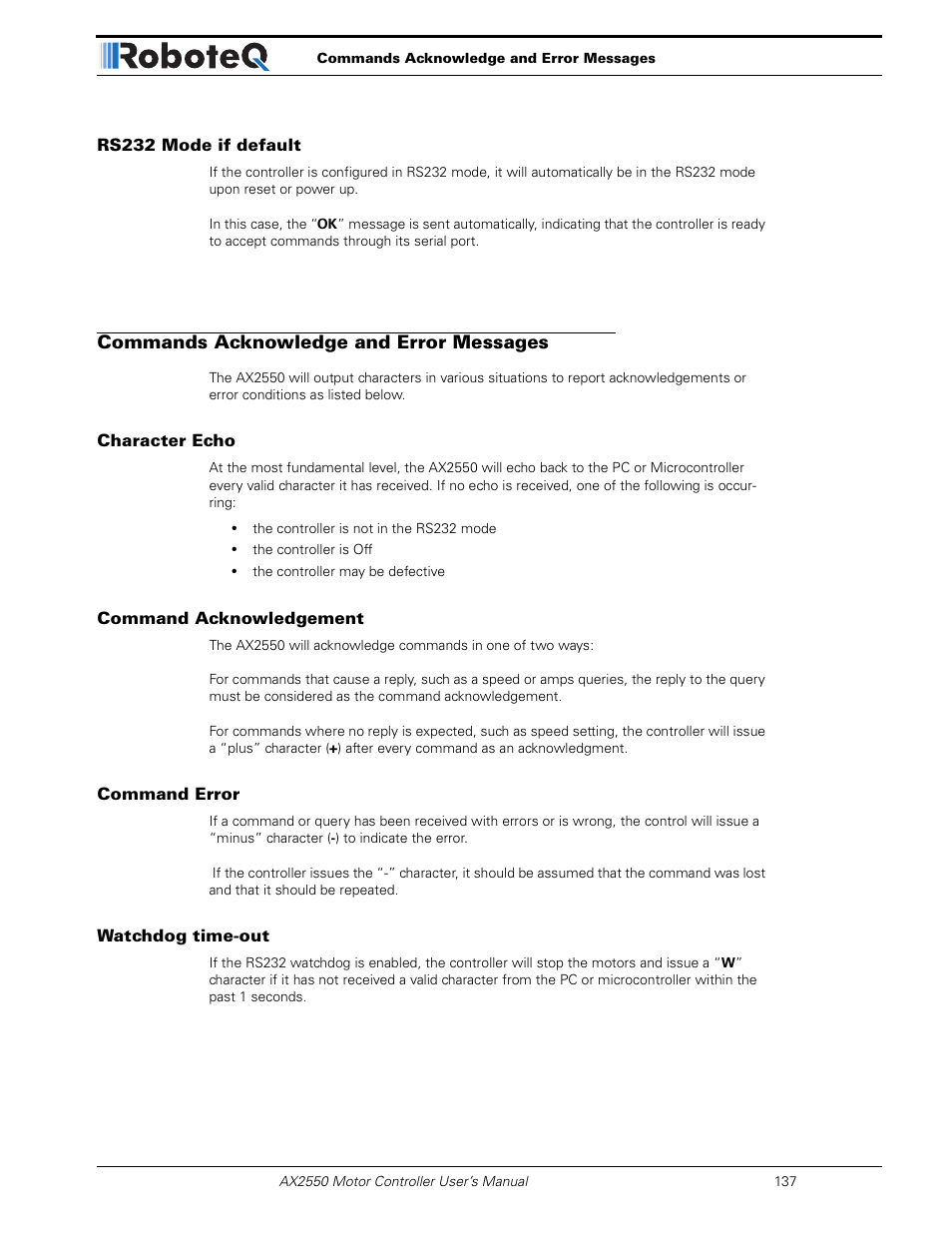 Rs232 mode if default, Commands acknowledge and error messages, Character echo | Command acknowledgement, Command error, Watchdog time-out | RoboteQ AX2850 User Manual | Page 137 / 200