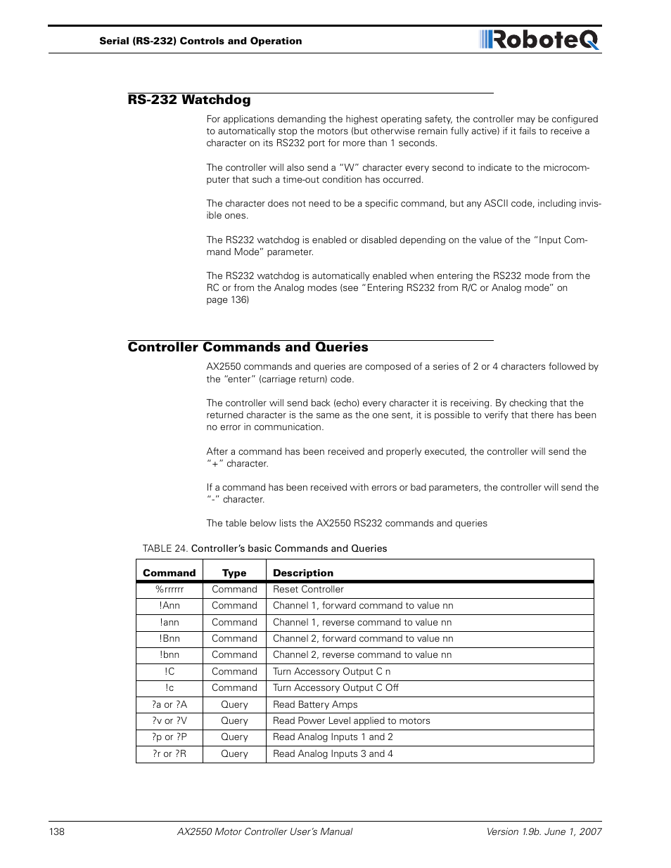 Rs-232 watchdog, Controller commands and queries | RoboteQ AX2850 User Manual | Page 138 / 200