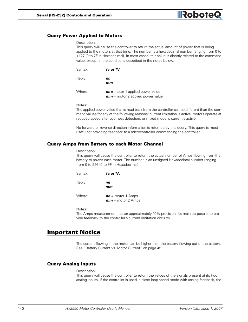 Query power applied to motors, Query amps from battery to each motor channel, Important notice | Query analog inputs | RoboteQ AX2850 User Manual | Page 140 / 200