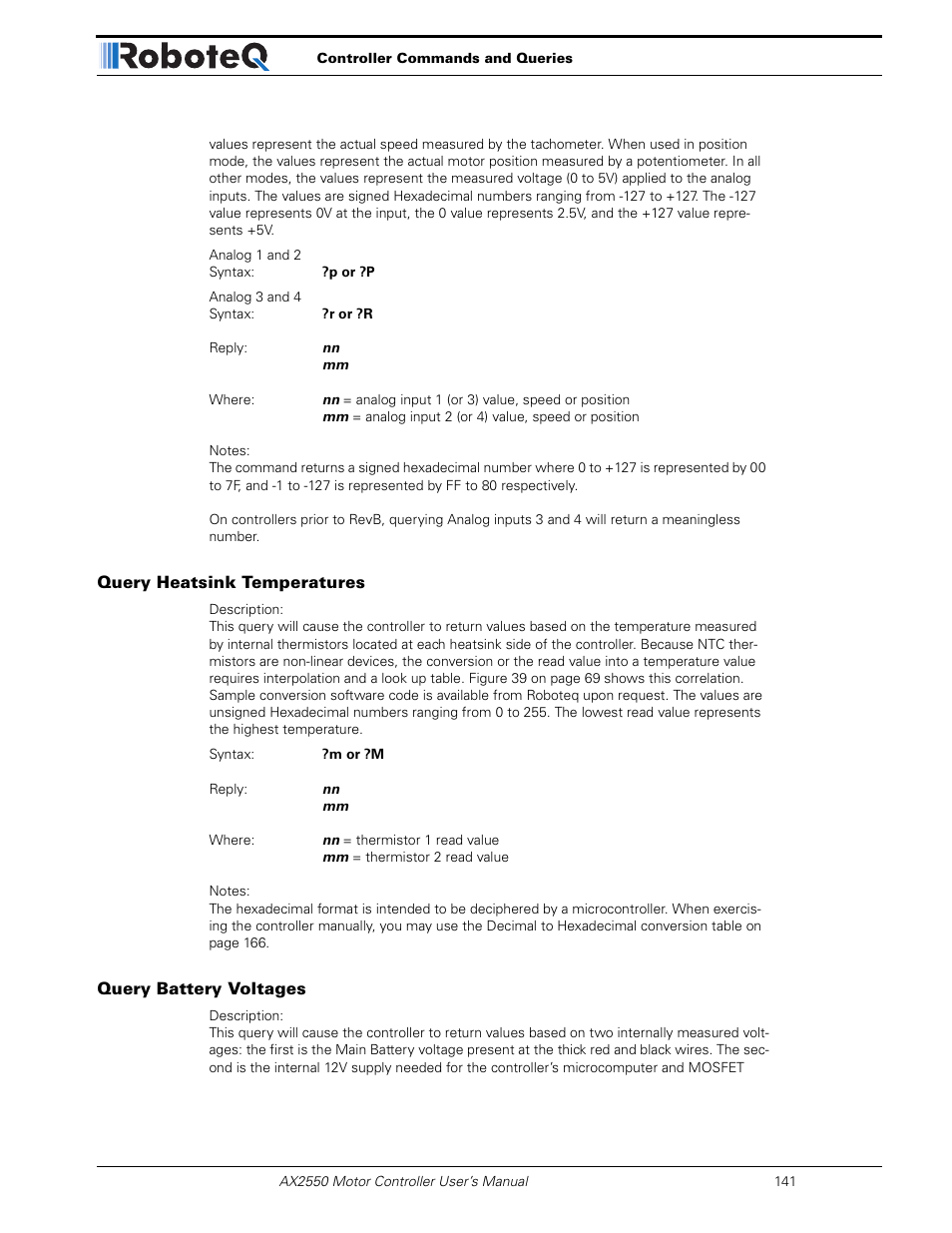 Query heatsink temperatures, Query battery voltages | RoboteQ AX2850 User Manual | Page 141 / 200