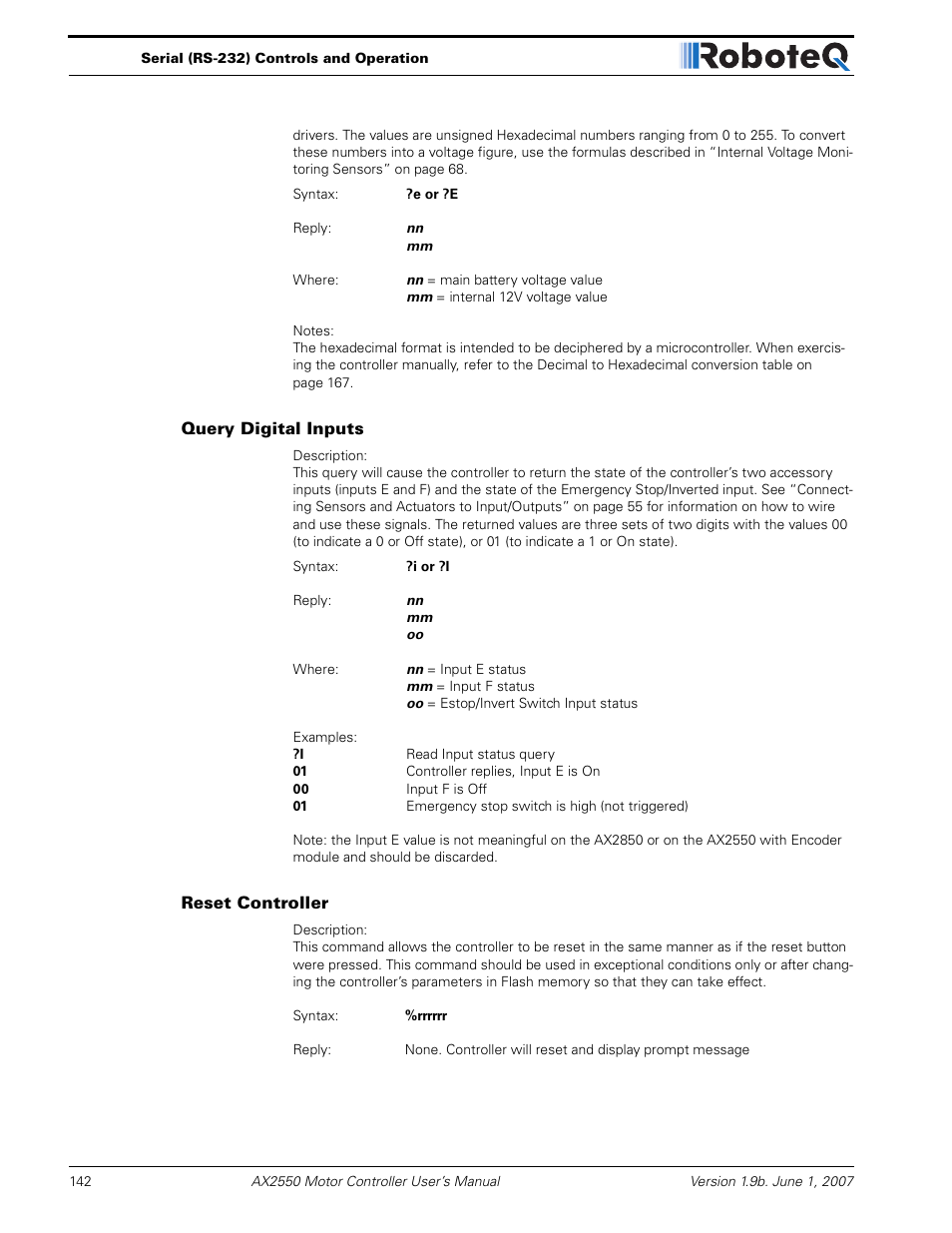 Query digital inputs, Reset controller | RoboteQ AX2850 User Manual | Page 142 / 200