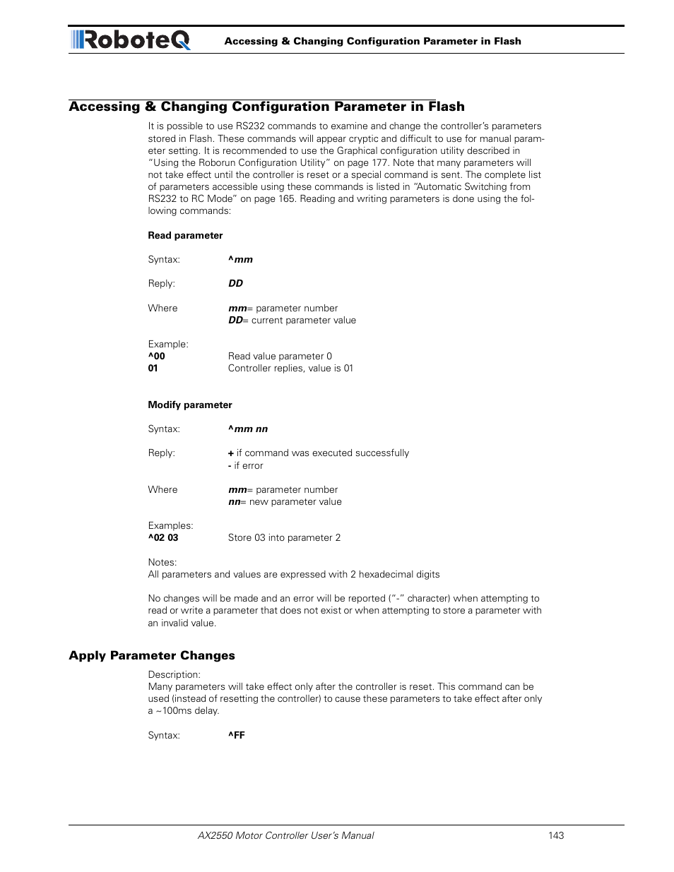 Apply parameter changes | RoboteQ AX2850 User Manual | Page 143 / 200