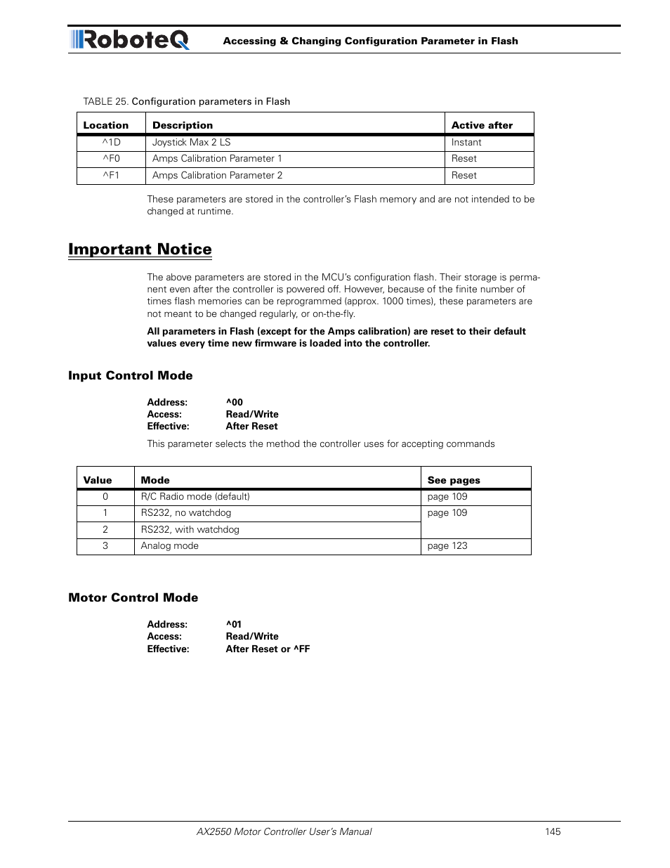 Important notice, Input control mode, Motor control mode | RoboteQ AX2850 User Manual | Page 145 / 200