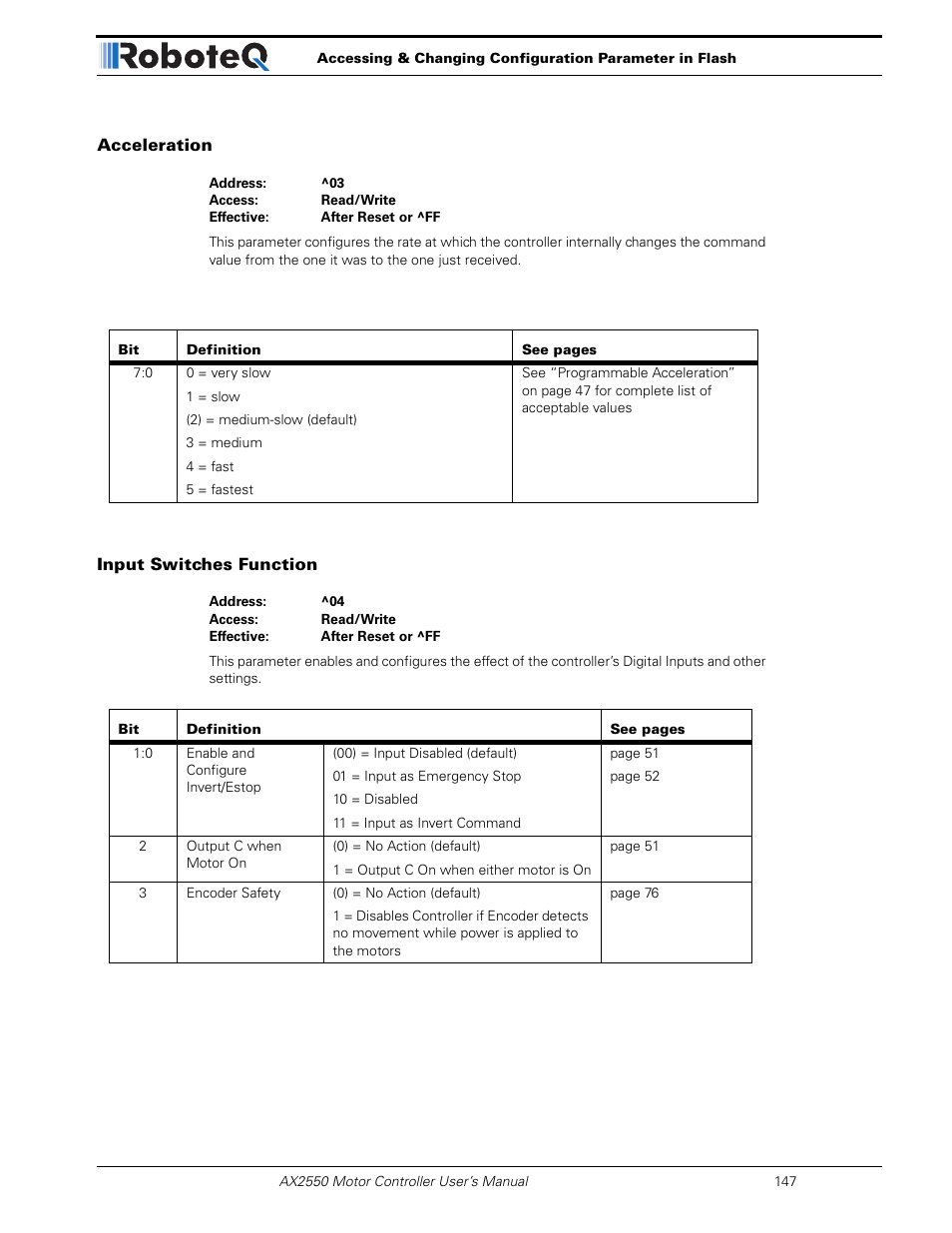 Acceleration, Input switches function | RoboteQ AX2850 User Manual | Page 147 / 200