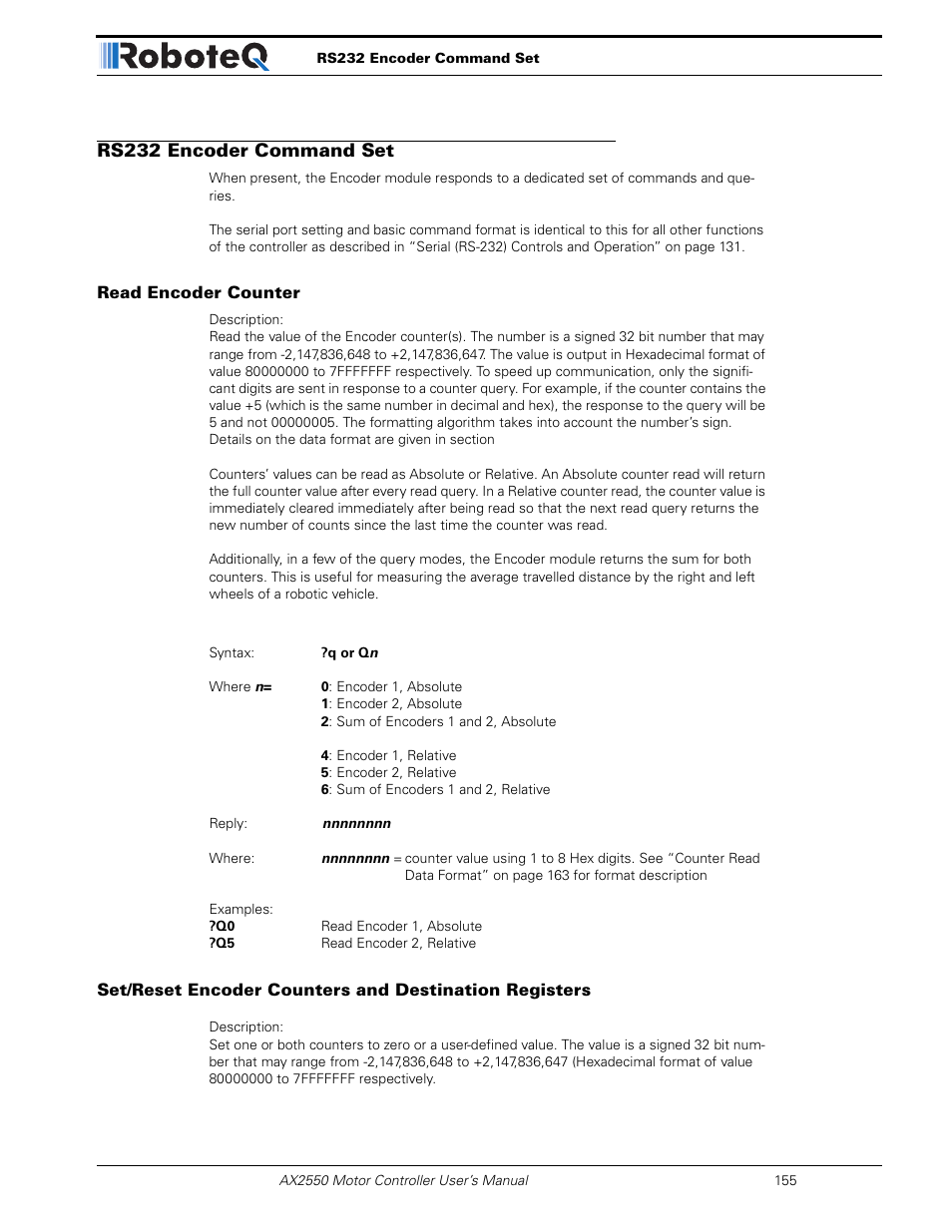 Rs232 encoder command set, Read encoder counter | RoboteQ AX2850 User Manual | Page 155 / 200