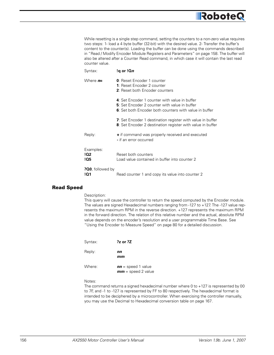 Read speed | RoboteQ AX2850 User Manual | Page 156 / 200