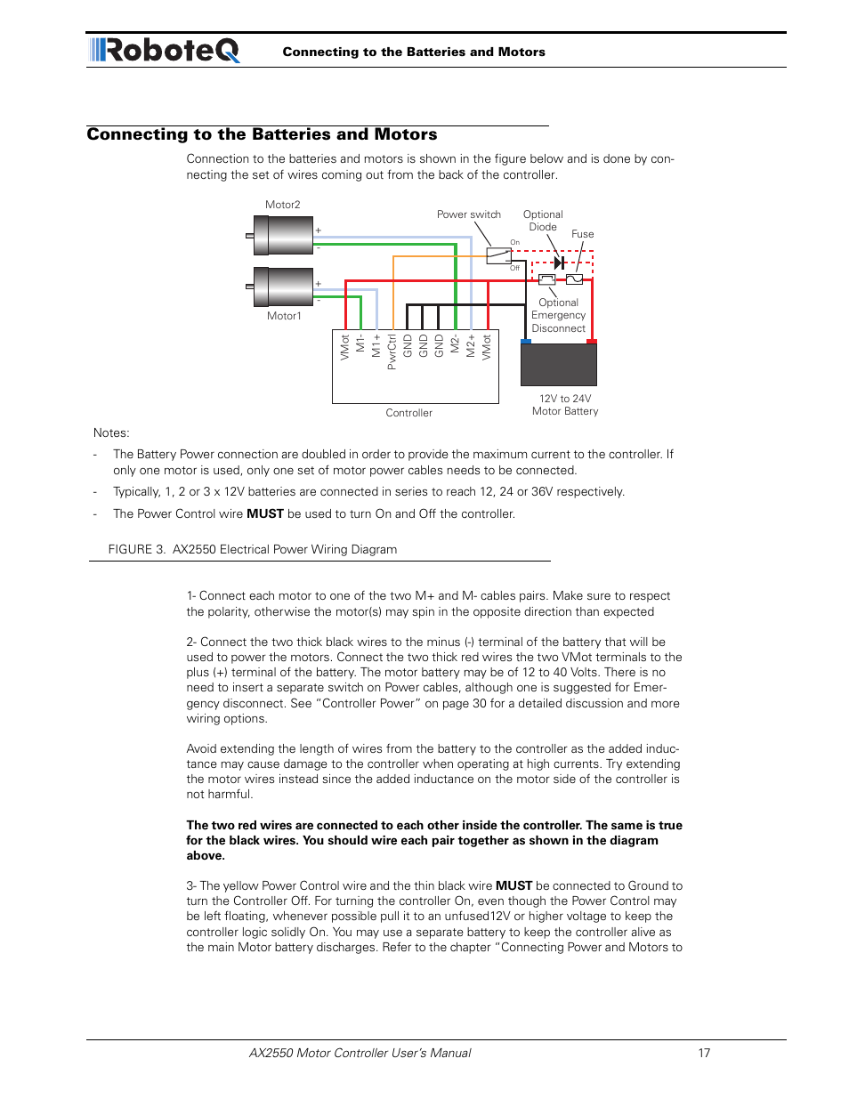 Connecting to the batteries and motors | RoboteQ AX2850 User Manual | Page 17 / 200