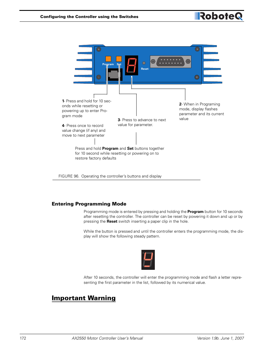 Entering programming mode, Important warning | RoboteQ AX2850 User Manual | Page 172 / 200