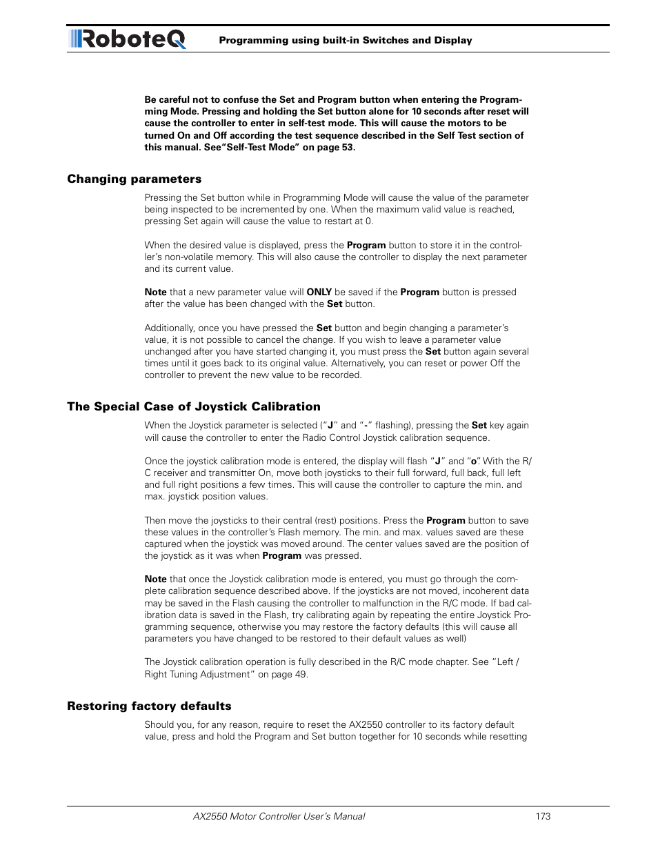 Changing parameters, The special case of joystick calibration, Restoring factory defaults | RoboteQ AX2850 User Manual | Page 173 / 200