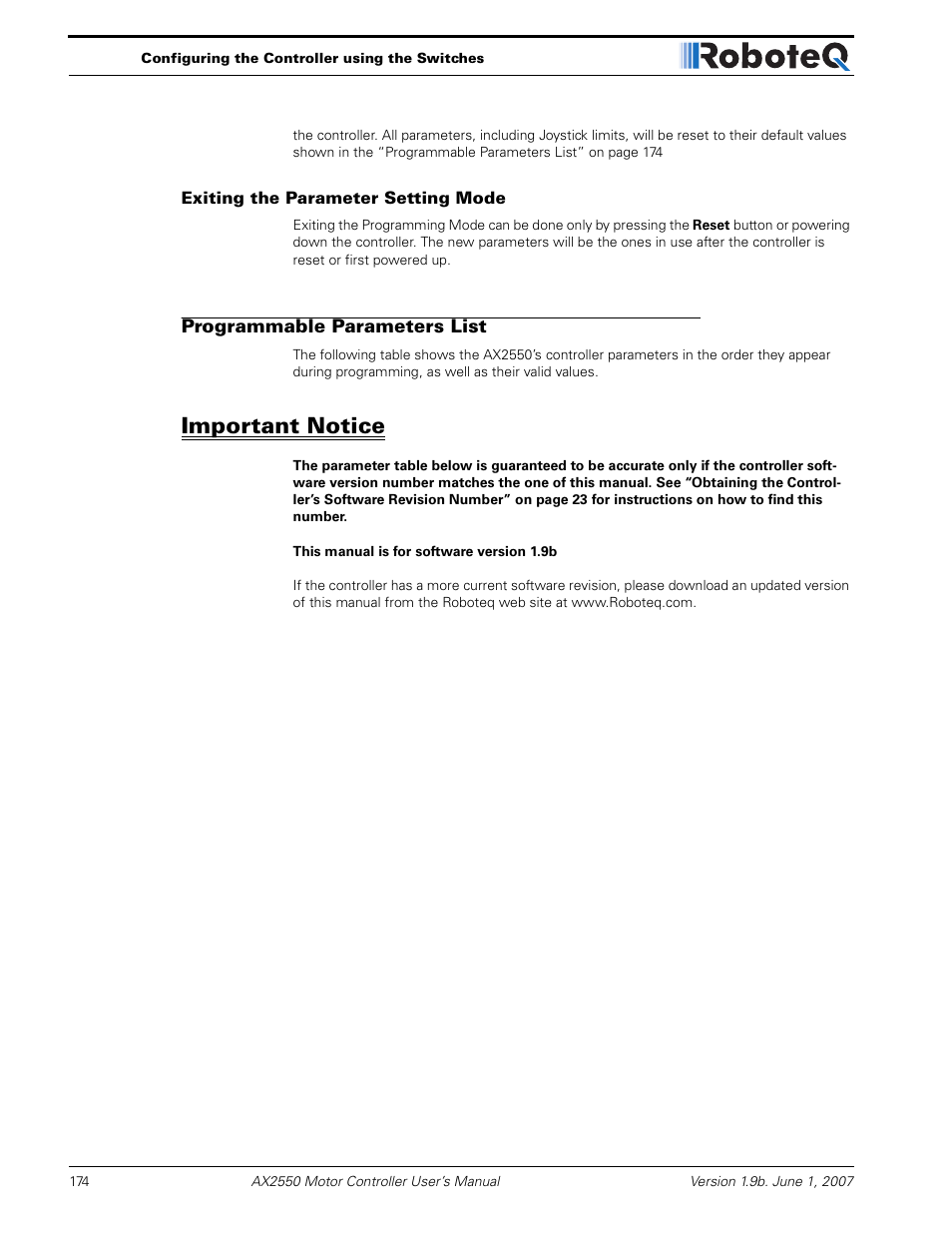 Exiting the parameter setting mode, Programmable parameters list, Important notice | RoboteQ AX2850 User Manual | Page 174 / 200