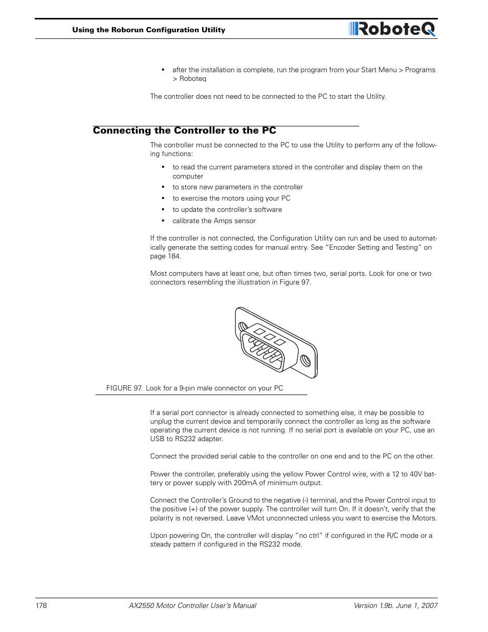 Connecting the controller to the pc | RoboteQ AX2850 User Manual | Page 178 / 200