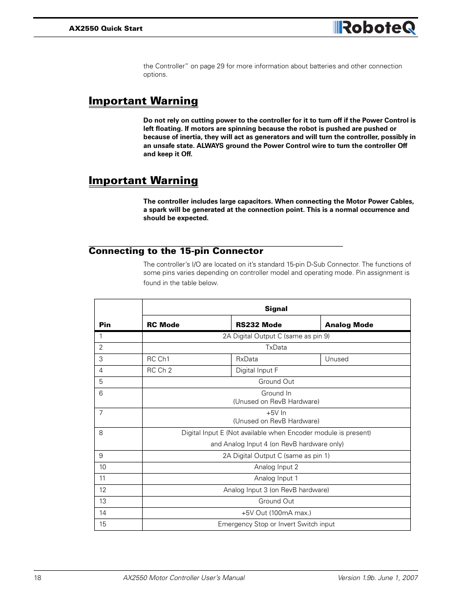 Important warning, Connecting to the 15-pin connector | RoboteQ AX2850 User Manual | Page 18 / 200