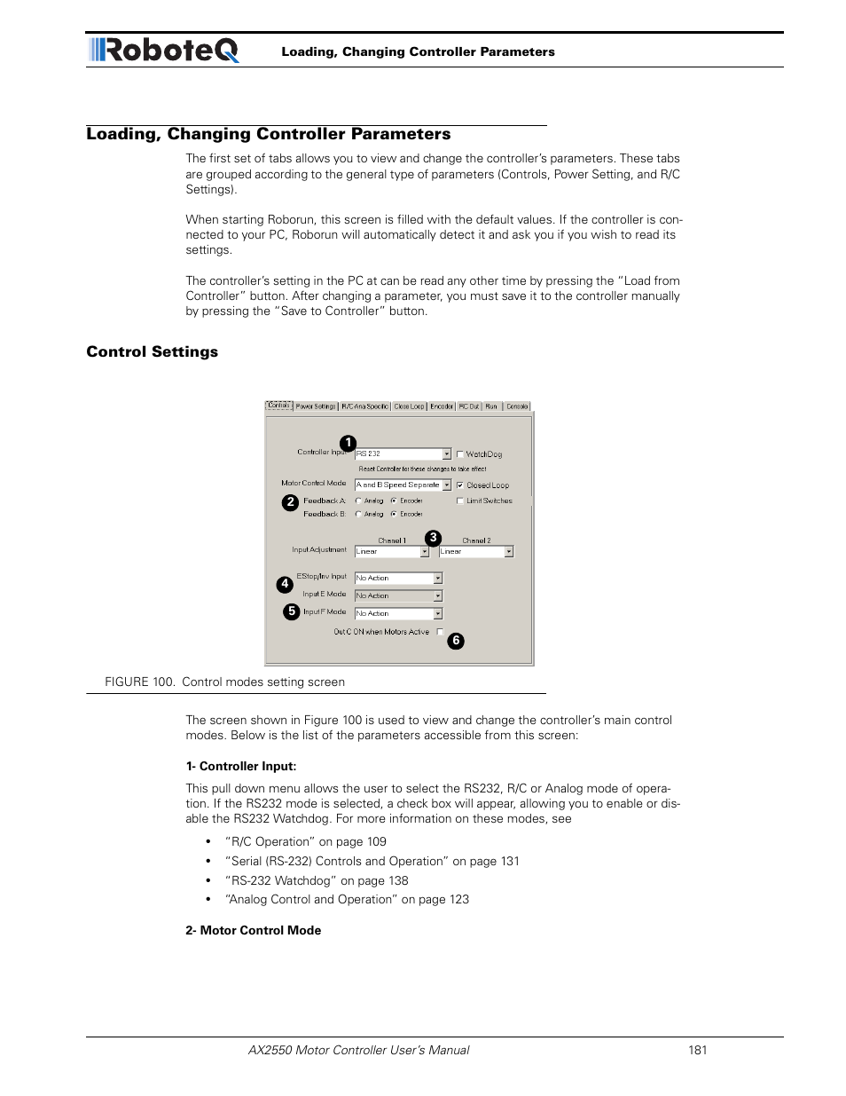 Loading, changing controller parameters, Control settings | RoboteQ AX2850 User Manual | Page 181 / 200