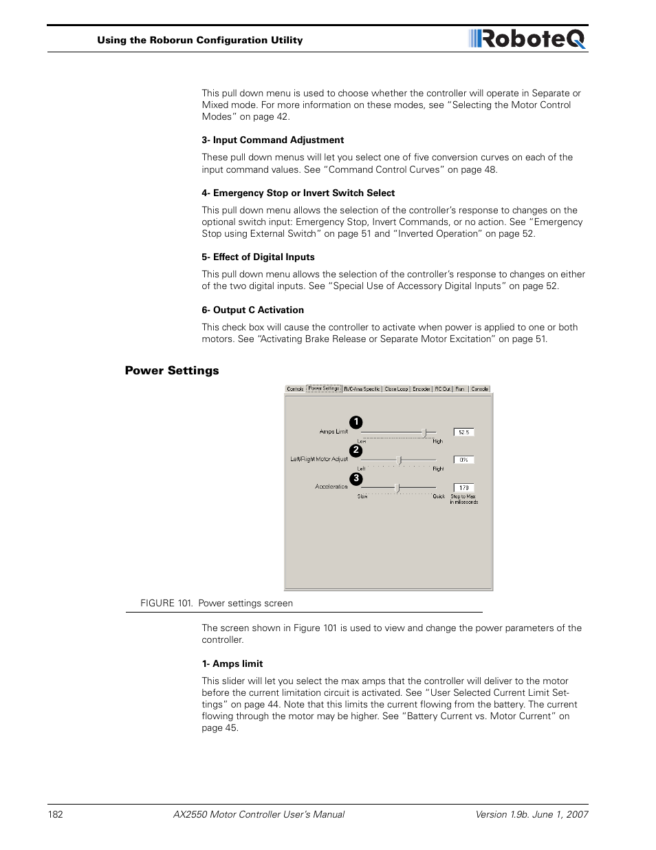 Power settings | RoboteQ AX2850 User Manual | Page 182 / 200