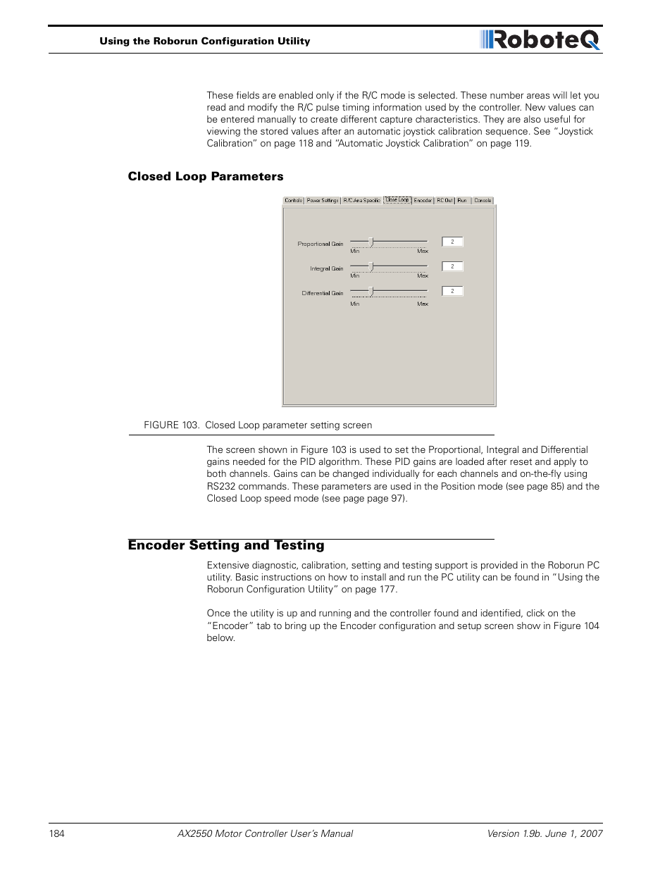 Closed loop parameters, Encoder setting and testing | RoboteQ AX2850 User Manual | Page 184 / 200