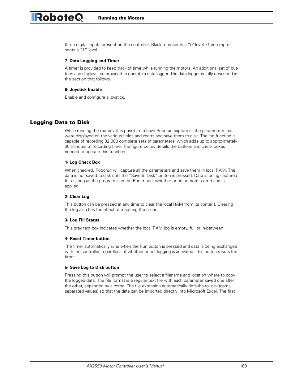 Logging data to disk | RoboteQ AX2850 User Manual | Page 189 / 200