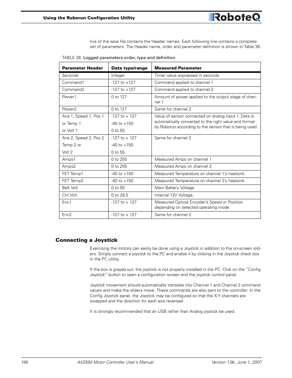 Connecting a joystick | RoboteQ AX2850 User Manual | Page 190 / 200